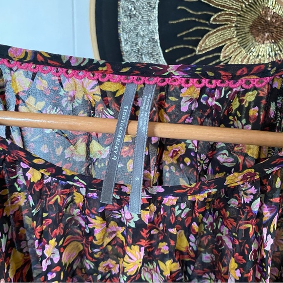 by Anthropologie Pauline Balloon-Sleeved Blouse Floral Black Tie Semi Sheer Top - Picture 13 of 15